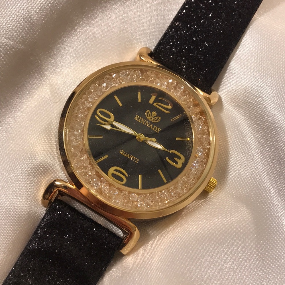 Sparkly Black and Gold Watch with Rhinestones Face